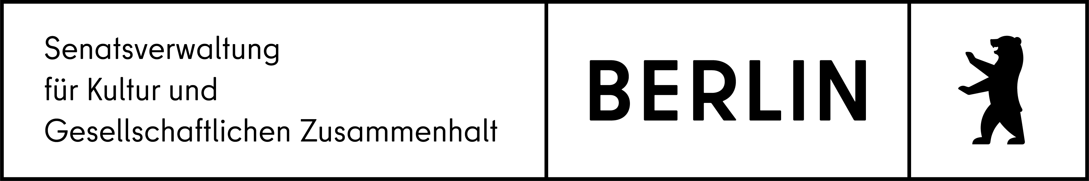 Banner-Logo der Senatsverwaltung für Kultur und Gesellschaftlichen Zusammenhalt Berlin. Schwarze Schrift auf hellem Hintergrund. Rechts ist ein Quadrat abgetrennt, in dem ein schwarzer Berliner Bär zu sehen ist.