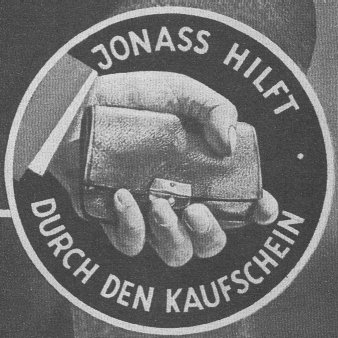 Schwarz-weiße, quadratische Grafik, die für den Kaufschien wirbt. Mittig ist eine Hand zu sehen, die eine lederne, historische Geldbörse hält. Kreisförmig darum steht in Großbuchstaben: " Jonass hilft - durch den Kaufschein".