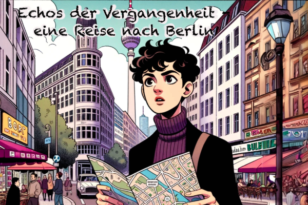 Querformatiges Coverbild des Comics "Echo der Vergangenheit - eine Reise nach Berlin". Es zeigt im Bildervordergrund eine gezeichnete, jüngere Person mit kurzen braunen Locken, braunen Augen, einem lila Rollkragenpullover und dunklem Blazer. Die Person hält eine Stadtkarte in den Händen und sieht so aus, also würde sie etwas suchen. Im Hintergrund ist eine Straßenszene in Berlin zu sehen, mit Cafes und Kiosks, Altbauten und Hochhäusern sowie dem Fernsehturm in der Mitte des Bildhintergrunds.
