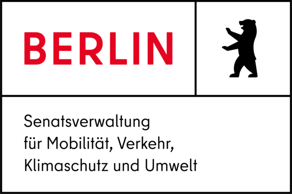 Schriftzug "BERLIN" in großen, roten Buchstaben auf schwarzem Hintergrund: Senatsverwaltung für Mobilität, Verkehr, Klimaschutz und Umwelt