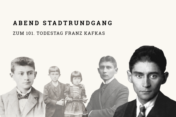 Vier Portraits Franz Kafkas in unterschiedlichen Lebensphasen. Links Position Eins Franz Kafka als Jugendlicher, Links 2. Stelle Franz Kafka mit seiner Schwester als Kind, Links 3. Stelle Franz Kafka als junger Mann, 4. Stelle von Links Kafka im Erwachsenenalter. Schwarz Weiß Bilder